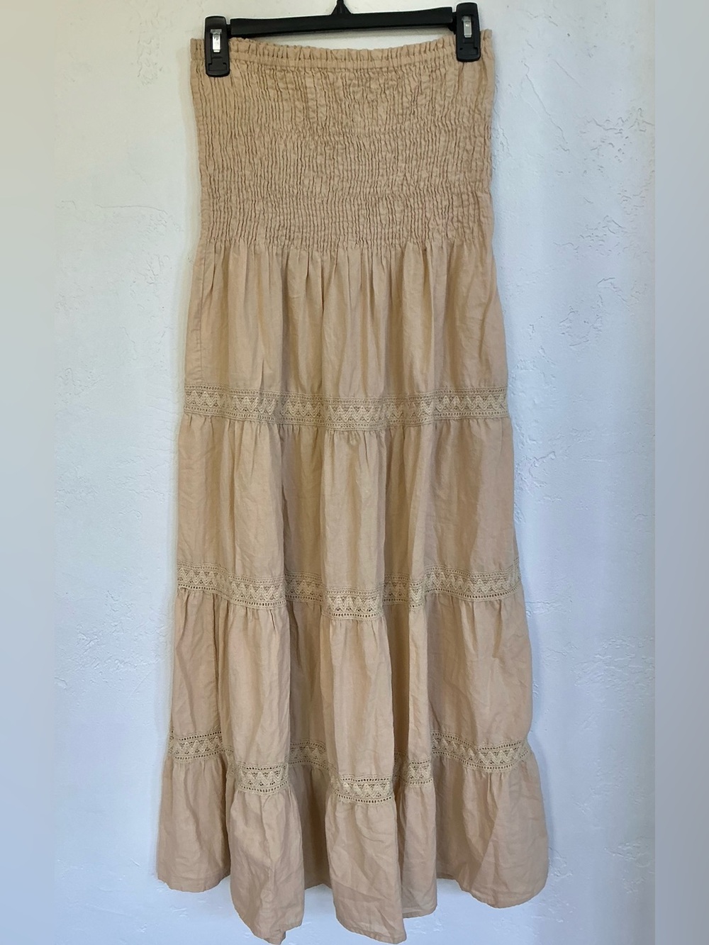 MPH Collection Strapless Beige Tiered Maxi Dress with Smocked Bust